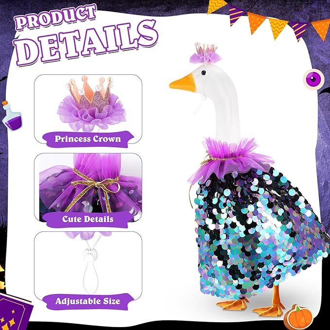 Princess Porch Goose Outfit Halloween Porch Goose Outfit Sparkly Rainbow Sequin Cape for 17" 23" Lawn Garden Yard Geese(Purple)