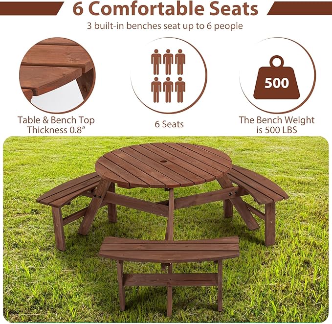6-Person Outdoor Circular Wooden Picnic Table with 3 Built-in Benches Camping Dining Table for Garden Patio Backyard,Brown