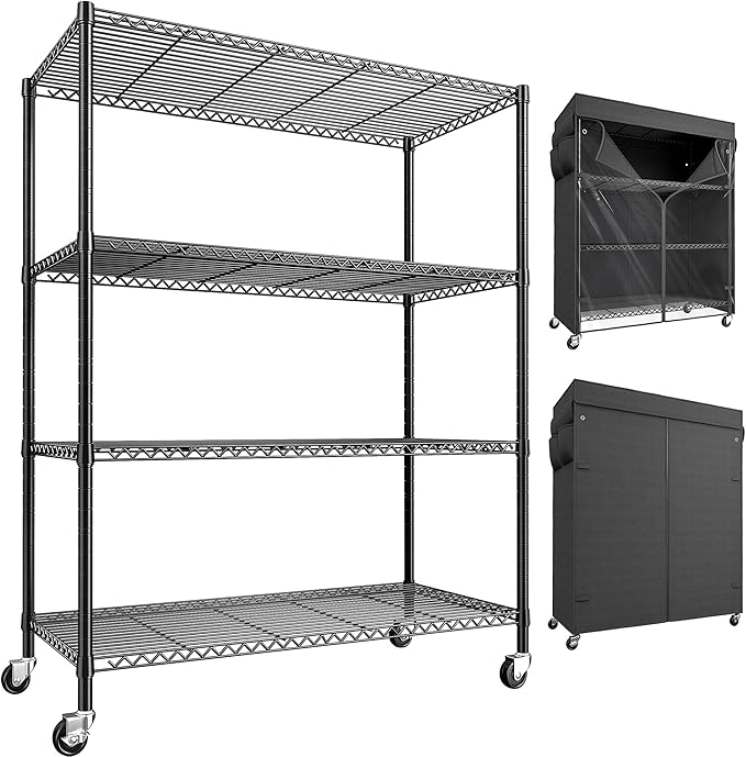 REIBII 4-Tier Storage Shelves Wire Shelving Unit with Cover & Wheels, Heavy Duty Metal Shelving for Dorm Storage Shelves, Garage Storage Rack Commercial Shelf, 36" W*14.3" D*56.5" H