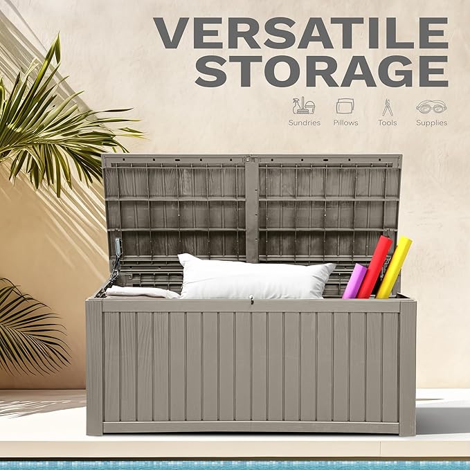 DWVO 150 Gallon XL Deck Box with Divider & Lockable Lid, Waterproof Resin Outdoor Storage for Patio, Garden, Poolside, Cushions, Supplies & Sports Gear, Light Brown