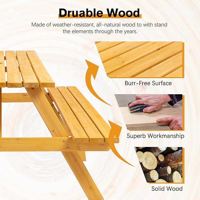 Outdoor Wooden Picnic Table with Benches Camping Dining Table for Garden Patio Backyard,Natural Color (Natural, Rectangle)