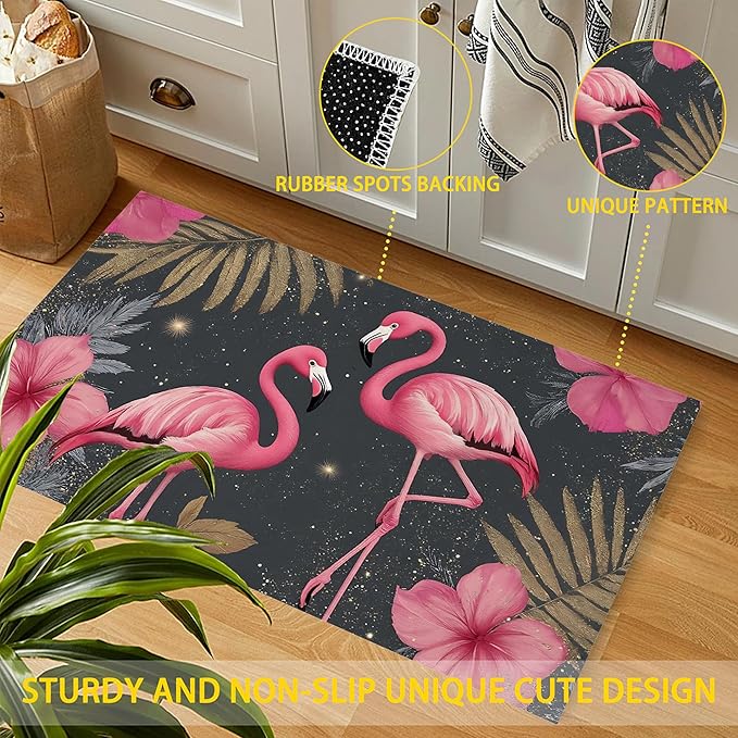 Front Door Mat,Pink Flamingo Doormat Outside Entrance,Non-Slip Gold Palm Leaves Entryway Rug for Porch Patio, Felt Low Profile Welcome Mat Indoor for Hallways, 30 x 17 Inch