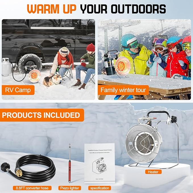 Outdoor Multi-Use Portable Propane Patio Heater/Cooker, 18,000 BTU include 8.8 FT Hose and USB Lighter, Gas Camping Heater for Tent Hunting, Fishing,RV (Fuel not included)