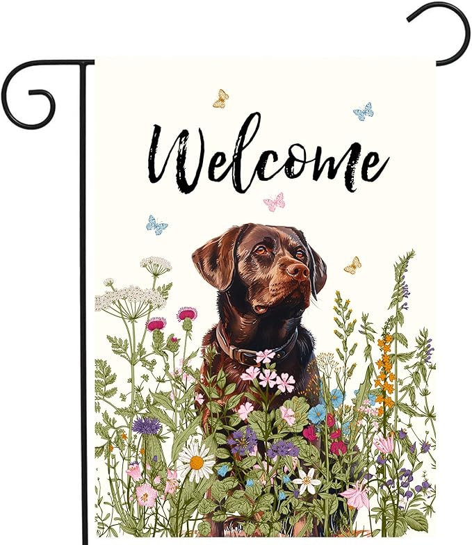 Spring Summer Garden Flag Floral Chocolate Lab Yard Flag Flower Labrador Dog Garden Flags for Outside Small Outdoor Welcome Flags 12x18 Double Sided