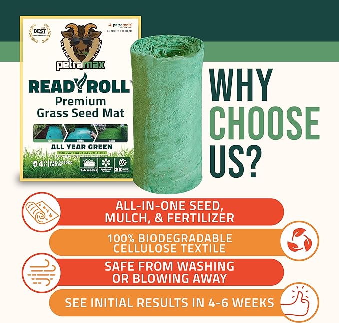 PetraMax ReadyRoll Biodegradable Grass Seed Mats for Lawns - Roll Out Mat with Tall Fescue & Kentucky Blue Grass Seeds for Lawn - Great Patch Repair, New Lawn or Erosion Control (Kentucky, 216 Sq Ft)