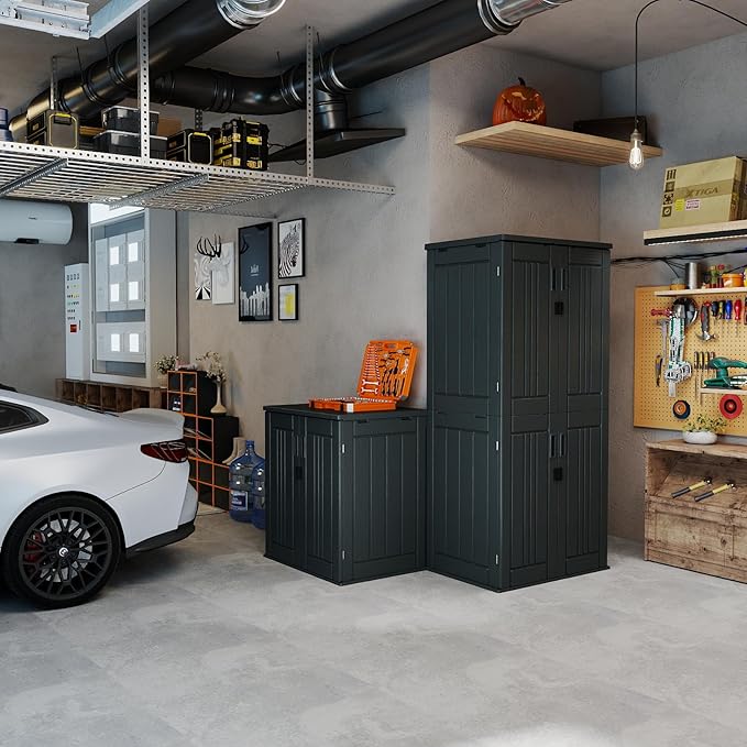 Outdoor Storage Cabinet with 2 Shelves, Waterproof Resin Horizontal Tool Shed, Lockable 15 cuft. Storage Shed for Patio, Garden, Yard, Grey