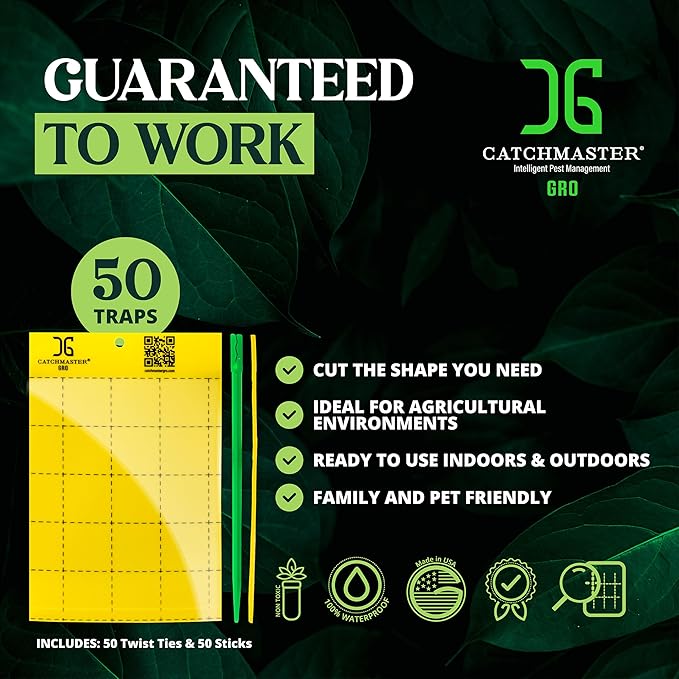 Catchmaster GRO Yellow Large Double Sided Sticky Traps 50PK, Adhesive Bug & Fruit Fly Trap, Pest Control for Home, Farm, Garden, Hydroponics & Greenhouse, Protect Live Plants Indoor & Outdoor