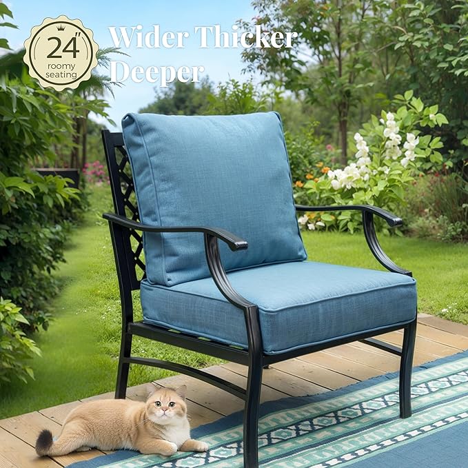 Patio Furniture Set, 6 Pcs Metal Outdoor Conversation Set, 2 Single Chairs, 2 Ottomans and 3 Seater Sofa with 5.75" Extra Thick Cushion and Gas Fire Pit Table, Navy Blue