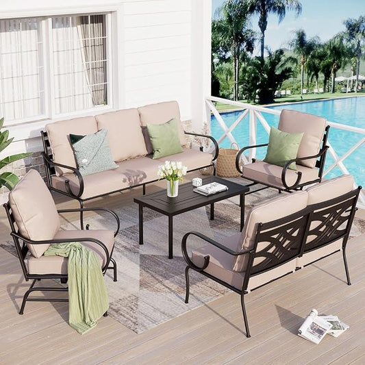 Sophia & William 5 Piece Patio Furniture Set Outdoor Couch Sofa, Sectional Conversation Sets 7 Seat with 3-seat Sofa x 1, Loveseat x 1, Rocking Chair x 2, Metal Coffee Table x 1 for Porch Lawn, Beige
