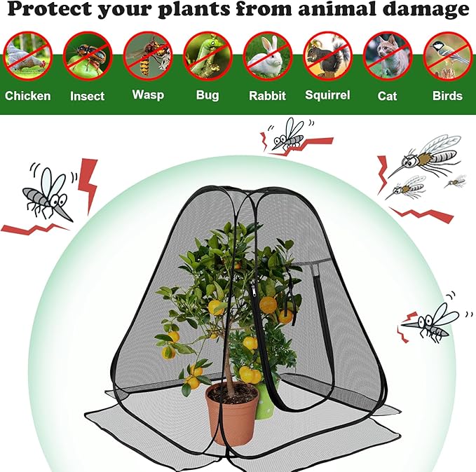 Pop up Garden Netting Cover,Pest Guard Plant Cover with 4 Stakes,Bird Plant Tent Protector,Mesh Gardening Net with Zipper Door for Vegetables Fruits Flowers