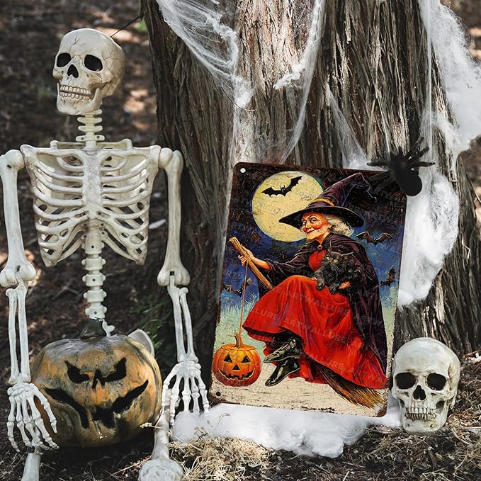 Witch Flying Broom Vintage Sign Halloween Cat Metal Tin Sign Full Moon Bat Pumpkin Poster 12x16inch