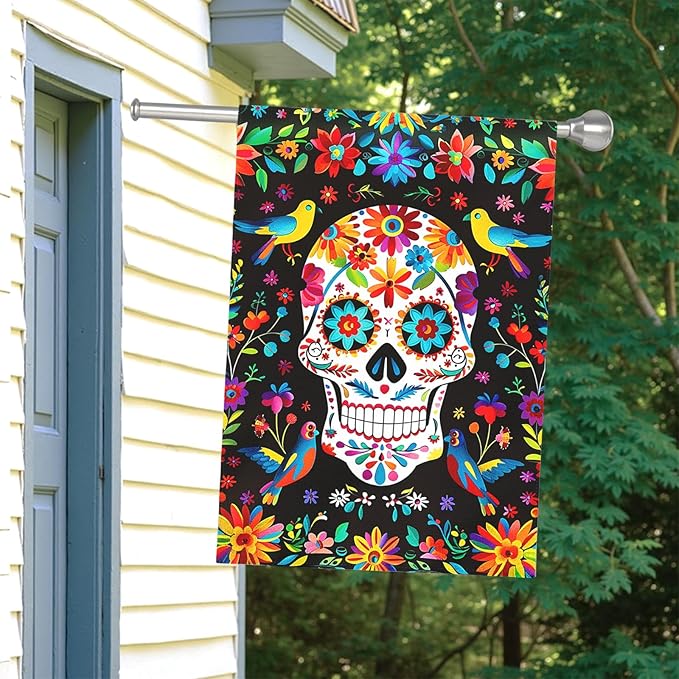 Day of the Dead Garden Flag Skull Welcome Floral House Banner Mexican Gothic Skeleton Flowers Birds Double-Sided Garden Flags Fiesta Dia DE Los Muertos Burlap Yard Flag 28x40 Inch