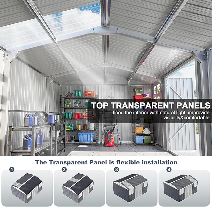 Restland 12x10 FT Outdoor Storage Shed Reinforced Frame Metal Shed with Clear Roof, Air Vent & Lockable Door Large Garden Tool Storage Sheds for Backyard, Garden, Lawn