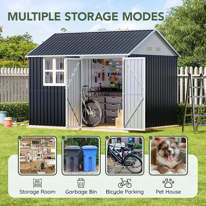 8x10 FT Outdoor Metal Storage Shed, Single Door, 1 Clear Window, Tool Shed for Garden, Patio, Backyard