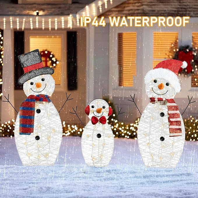 HOURLEEY Christmas Decoration 55 L Lighted Snowman Family Outdoor, 3-Piece Waterproof Plug in 2D Snowman for Yard Patio Lawn Garden Party Decor 20.5X9X29.5Inch-Large (Warm White)