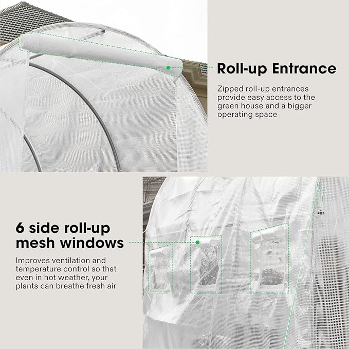 VIVOSUN 10x7x7 Ft. Large Walk in Greenhouse, Greenhouse Tunnel, Garden Plant Hot House with White PE Cover, Roll-up Zipper Door and Window for Outdoor, White