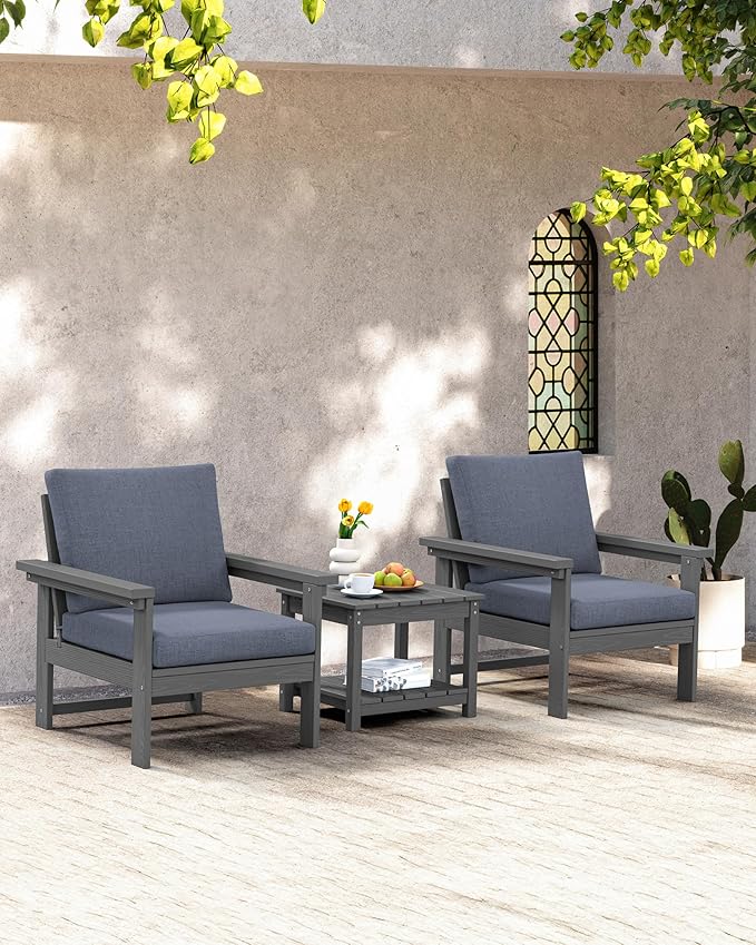 SERWALL HDPE Patio Sofa Set, 3-Piece Sectional Outdoor Furniture Set, All Weather Outdoor Couch Set Patio Furniture Set for Deck, Lawn, Grey Frame with Grey Cushion