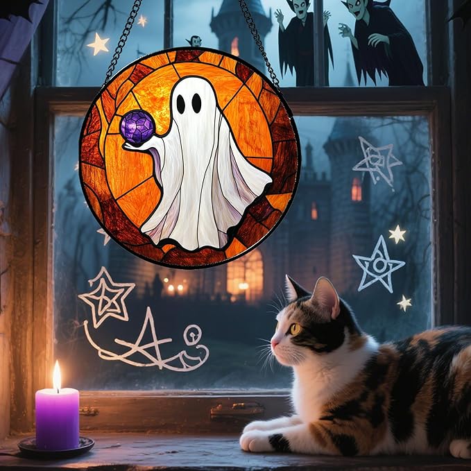 Stained Glass Window Hanging - Halloween Decorations Ghosts Vampire Suncatcher for Doors Garden Indoor Funny Spooky Sun Catchers Gothic Decor Horror Gifts for Women Men Friend 9.8 in