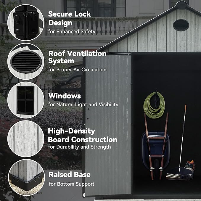 Resin Shed, Outdoor Shed with Floor, Outside Storage Sheds with Lockable Door, Window, Vents for Backyard, Garden, Lawn (7FT x 9FT)
