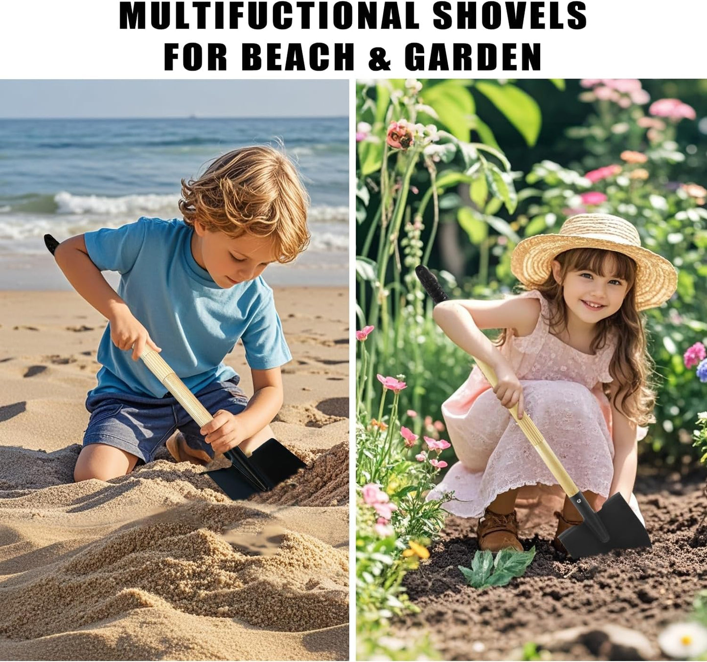 2PCS 27" Kids Shovels, Wood Handle & Metal Head Shovels for Digging Sand, Great for Beach & Garden