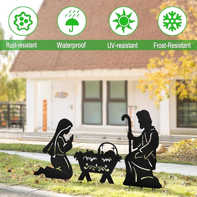 Nativity Silhouette Outdoor,Black Silhouette Nativity Scene for Yard Stake,Set of 3 Christmas Ornaments for Outside