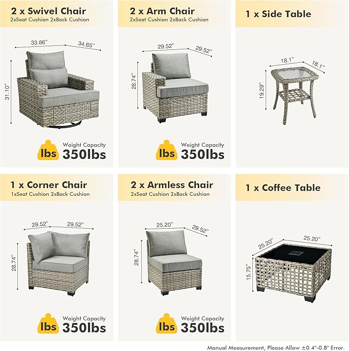 HOOOWOOO Outdoor Sectional Patio Furniture Set,9 Pieces Wicker Conversation Sets L Shaped Couch,Extra Deep Out Door Sofa Outside Furniture with Swivel Chairs,Charcoal Gray