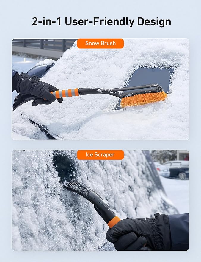 AstroAI 2 Pack 27" Snow Brush and Ice Scrapers for Car Windshield, Detachable Snow Scrapers with Ergonomic Foam Grip for Cars, Trucks, SUVs (Heavy Duty ABS, PVC Brush, Orange)