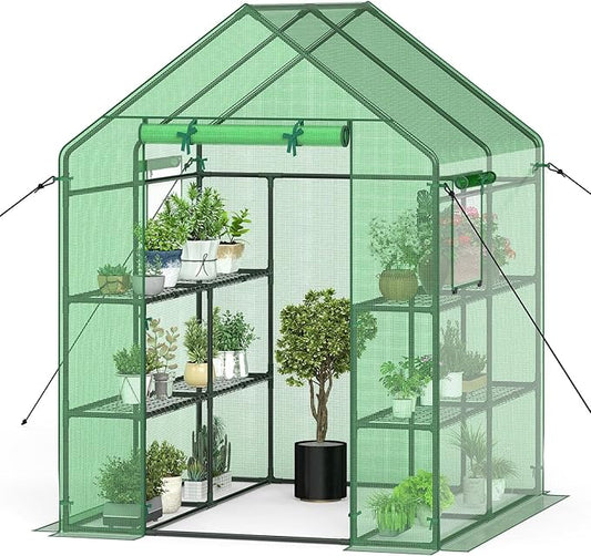 Happygrill Walk-in Greenhouse, Portable Greenhouses for Outdoors w/8 Shelves, Roll-Up Zippered Door, 2 Observation Windows & 2 Tiers, Weather-Proof PE Cover, Wind Rope Included, 57”L x 57”W x 77”H