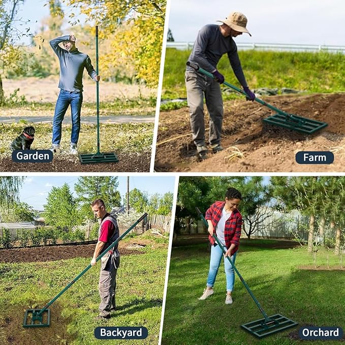 Lawn Leveling Rake Stainless Steel Leveling Rake 17”x10” Reinforced Welds with 64” Adjustable Long Handle Leveler Tool for Soil, Ground,Backyard Dressing,Golf Field,Garden Tools Grass Seed