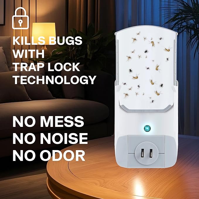 Flying Insect Trap & Bug Zapper – Indoor Outdoor Plug-in Blue UV Light Catcher, Quiet Fly Killer for Gnats, House & Fruit Flies – Bedroom, Patio, Garden (1 Device + 3 Replaceable Boards)