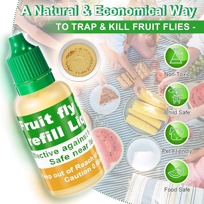 Qualirey 24 Pack Fruit Fly Trap Refill Liquid, 0.68oz Per Bottle Liquid Fruit Fly Traps for Indoors, Non Toxic Bait Safe Near Pets, Food and Kids, Lure Refill for Home Kitchen