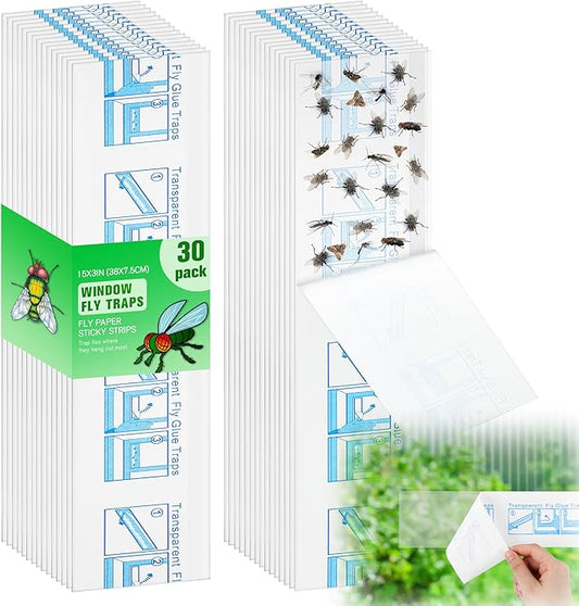 Qualirey 30 Pack XL Window Fly Traps for Indoors, Extra Large Fly Paper Sticky Strips, Waterproof & Non Toxic Clear Sticky Traps for Windows, Bug Catcher for House, Kitchen and Office (15"×3")
