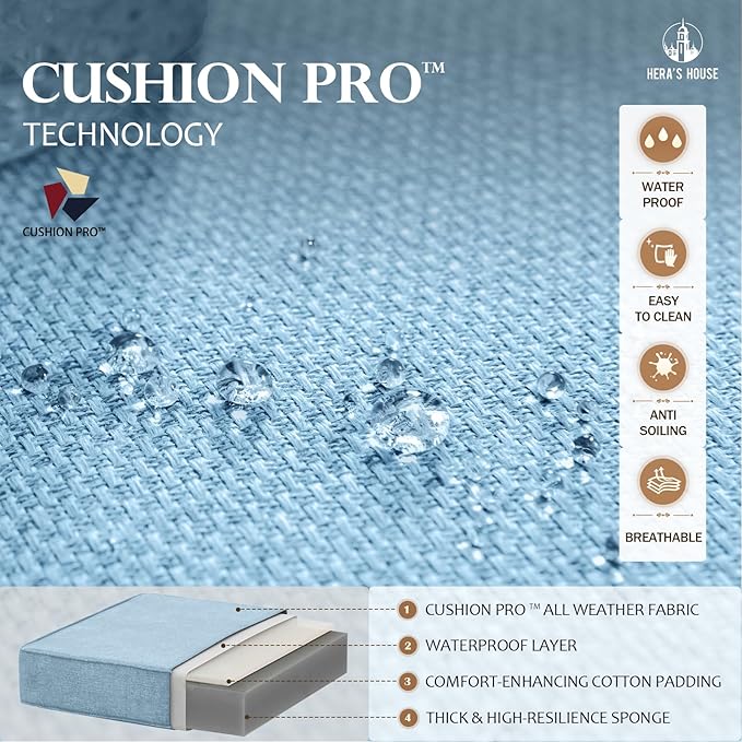 HERA'S HOUSE 4 Piece Patio Furniture Set, 2 x Swivel Cushioned Chair, 3-Seat Sofa with Marbling Coffee Table, All Weather Outdoor Conversation Set for Lawn Garden Backyard, Blue