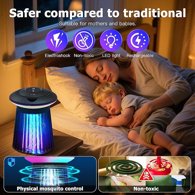 2025 Upgraded Mosquito Killer Lamp, 4200V Electric Bug Zapper for Indoor & Outdoor, Rechargeable LED Night Light - Safe for Baby & Family, Camping, Backyard, Terrace