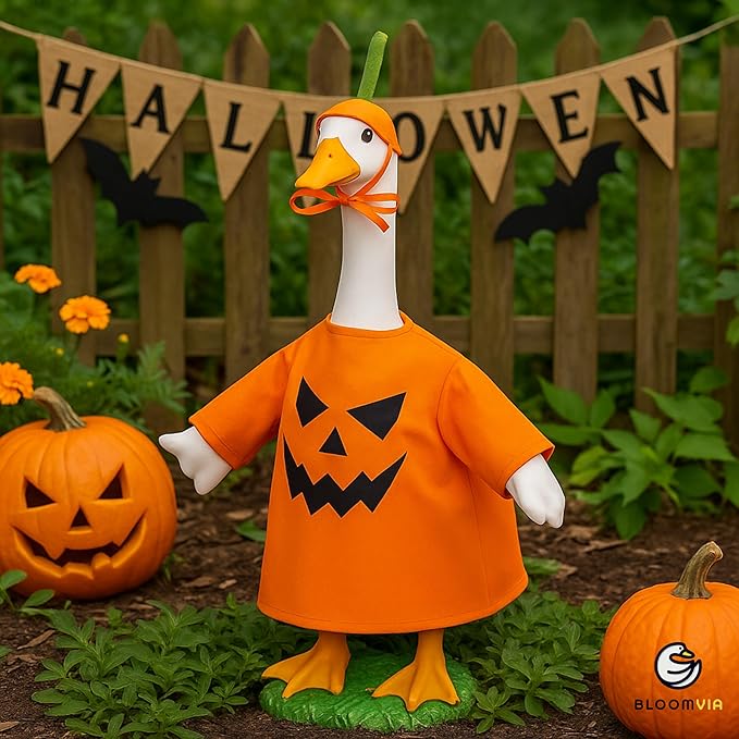 Lawn Goose Outfit – Glossy Cape & Adjustable Hat for 23″ Goose Statue – Halloween & Vampire & USA Flag Costume