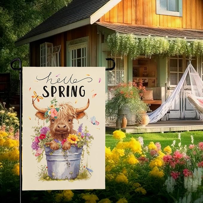 Hello Spring Garden Flag Highland Cow Polyester Yard Flag Double Sided Vertical 12x18 Inch Farmhouse Butterfly Floral Garden Flags Rustic Daisy House Banner for Seasonal Outdoor Decoration