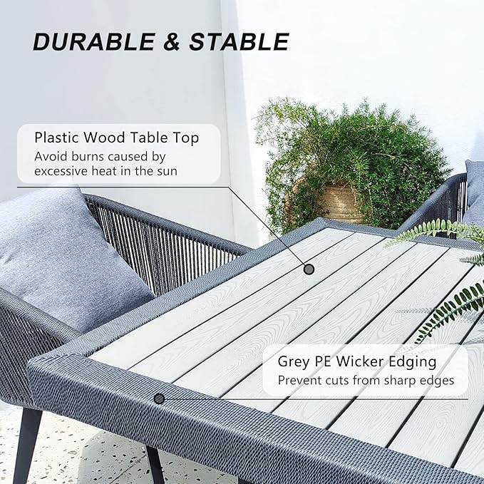 Indoor Outdoor Patio Dining Set - 7 Pieces All in One Patio Wicker Furniture Set, Table and Chairs Set with Cushions and Pillows, 6 Aluminum Frame Chairs and 1 Rectangle Table