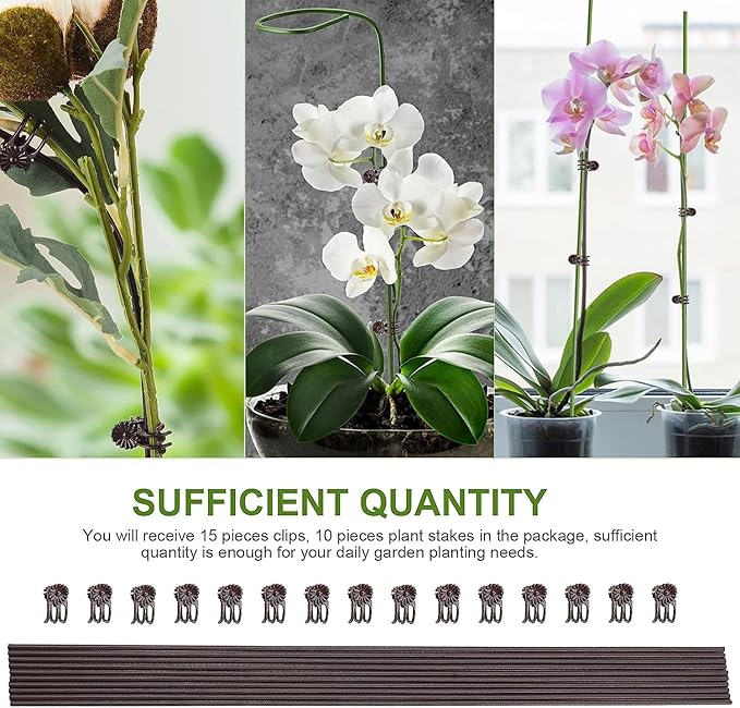 10PCS Garden Metal Plant Stakes with 15PCS Vine Fixing Clip Set, 15.75inch Tall Single Stem Flower Stakes, Bendable Plastic Coated Garden Plant Stakes Holder for Amaryllis Orchid Lily Rose(Green 40cm)