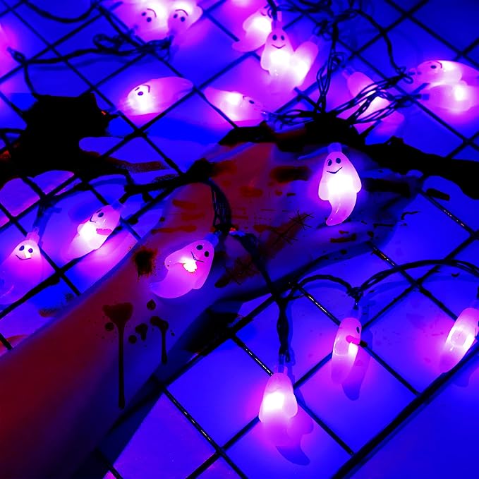 60 LED Halloween String Lights - 20ft Purple Ghost String Light Plug in with Timer, 8 Modes, Extendable, Waterproof - Spooky Decor for Outdoor Garden Yard House Bedroom Holiday Party Decorations