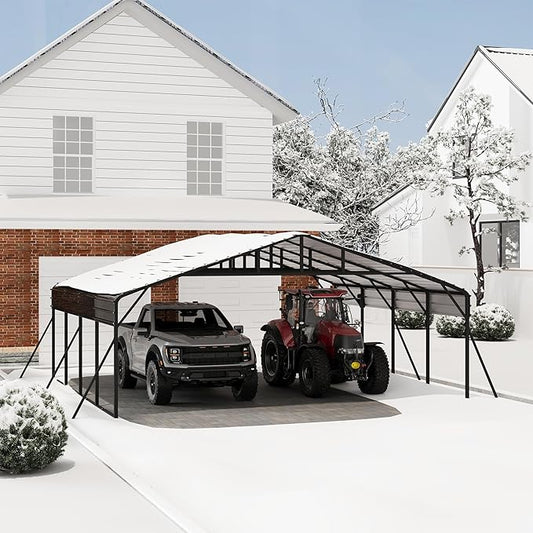 20x20FT Metal Carport Kits with Galvanized Steel Roof, Heavy Duty Metal Roof Carport with Enhanced Base, Tall MetalCarport Kits Garage for Tractors, Pickup, Boat, Car
