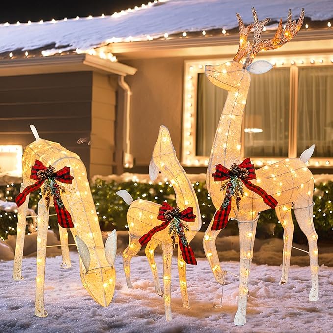 Hourleey 3-Piece Pre-Lit Reindeer Family Set, 3D Plug in 170 Count Warm White Lighted Decoration, Waterproof Outdoor Christmas Deer Decor for Yard, Patio, Lawn, Garden, Party