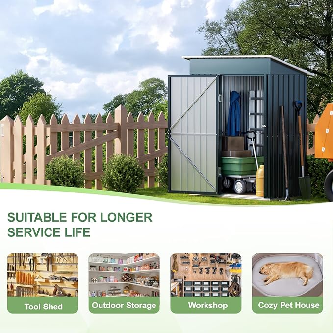 Breezz 5x3FT Vertical Outdoor Steel Storage Shed with Floor Frame, Lockable Doors, Compact Metal Tool Shed for Garden, Backyard, Patio, Utility, and Bike Storage