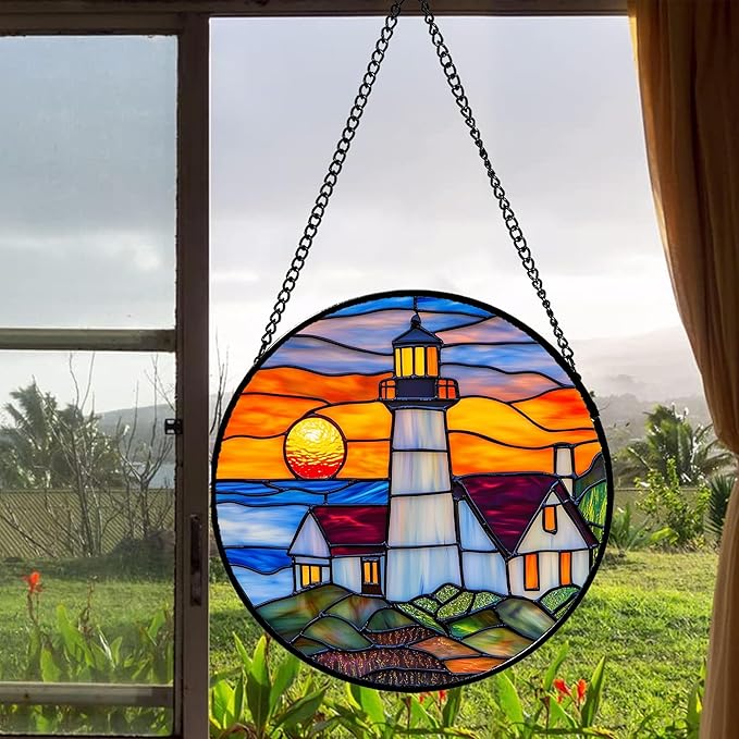 Stained Glass Window Hanging - Sea Lighthouse Suncatcher for Door Terrace Garden Home Decor Sunset Beach Scenery Sun Catcher Birthday Gifts for Lovers Women Men Dad Mom Nana 11.8 in