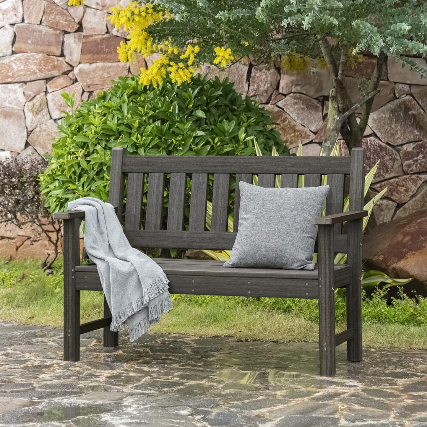 Outdoor Bench, 2-Person Garden Bench, Poly Lumber Patio Bench for Outdoors, Porch, and Park (Dark Brown)