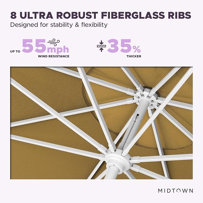 Midtown Umbrellas The Swilt 9 Feet Patio Umbrella in Terylast Sand (Tan) Polyester Fabric - Fiberglass Ribs, Auto-Tilt Aluminum Frame For Backyard, Deck, Garden, Pool - White Pole