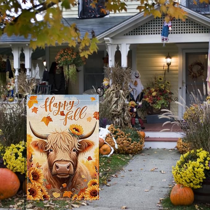 Fall Garden Flag 12 x 18 Inch Double Sided Cow Maple Leaves Sunflower Designs Autumn Burlap Yard Flag for Outside Rustic Yard Outdoor Holiday Home Decoration