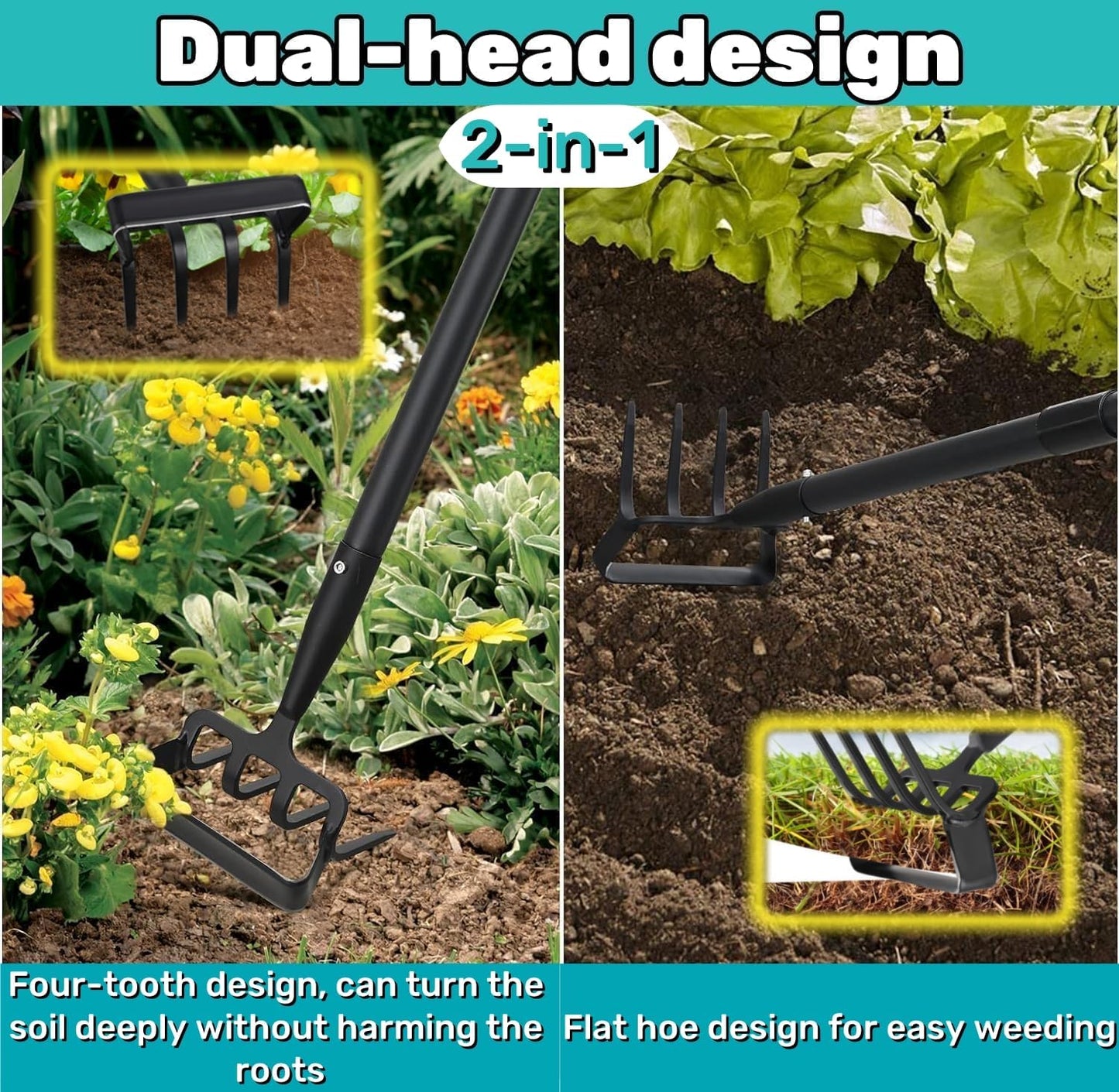 Upgraded Hula Hoe and Garden Hoe, Stirrup Hoe with Adjustable Handle for Weeding Digger loosening Soil Metal Garden Cultivator Hula Hoe with Rake Tiller Cultivator (30-73 Inch)