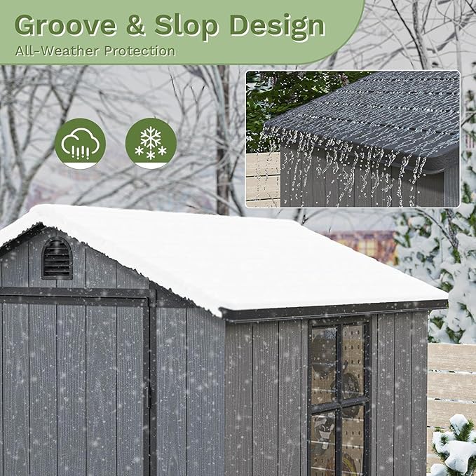 Patiowell 4 x 4 FT Plastic Outdoor Storage Shed with Floor, Garden Tool Shed with Two Windows and Single Lockable Door for Garden, Backyard, Lawn, Easy to Install, Dark Grey(Fit-it Shed)