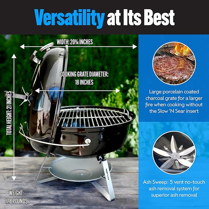 SnS Grills Slow ‘N Sear Travel Kettle, 2-Zone Cook Charcoal Basket and Easy Spin 18” Grate - Portable Charcoal Grill for BBQ Cooking - Travel Kettle 18”
