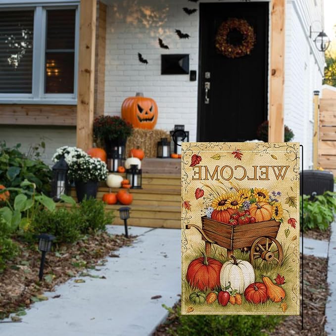 Fall Garden Flag 12 x 18 Inch Double Sided Welcome Pumpkin Sunflower Maple Leaves Farm Designs Autumn Burlap Yard Flag for Outside Rustic Yard Outdoor Holiday Home Decoration